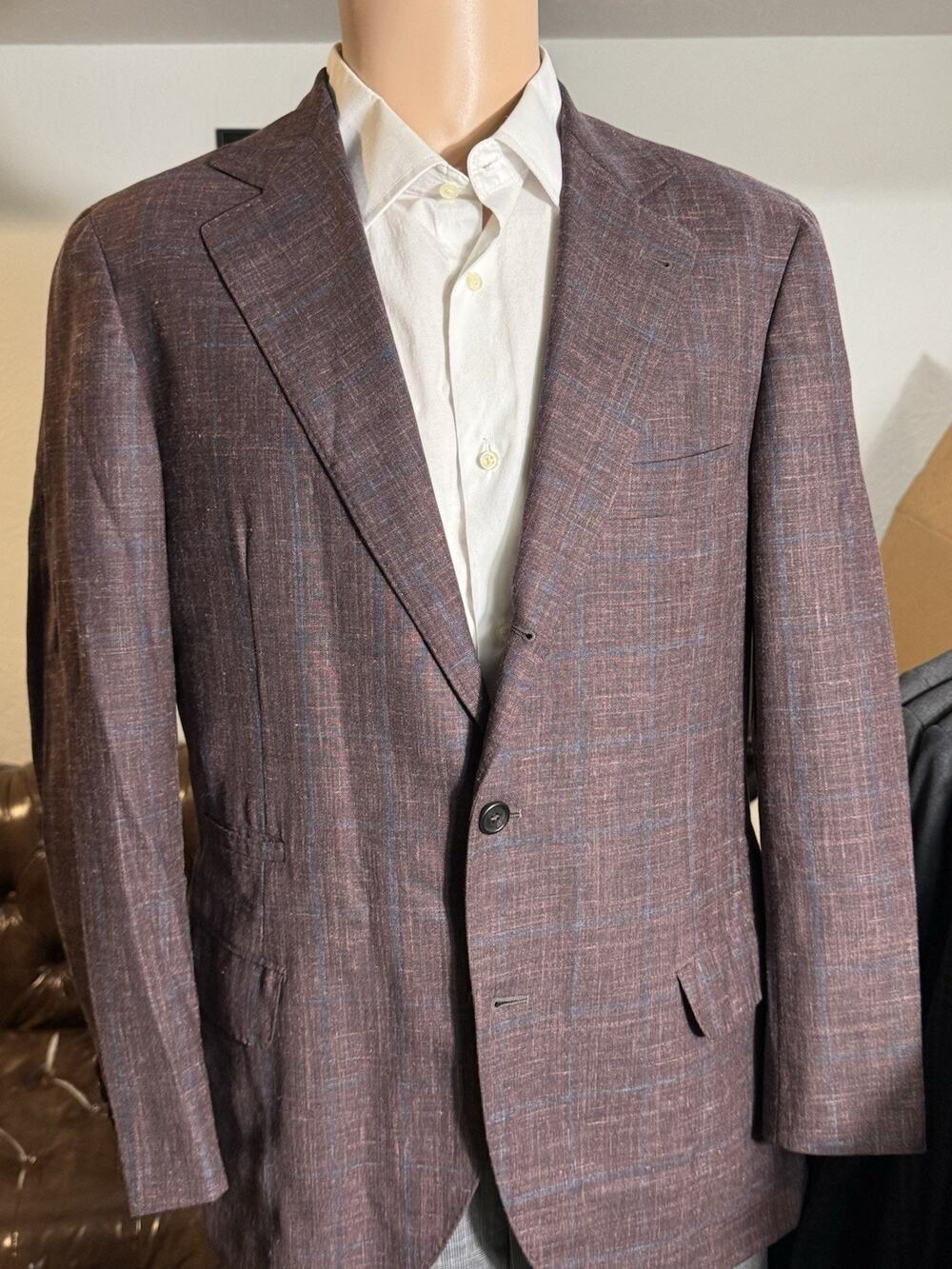 Brunello Cucinelli Maroon Windowpane Wool Linen Silk Blazer Deconstructed 50 40R